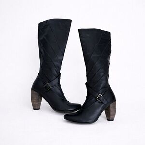 Jump Turbo Black Leather Boots with Buckle Strap & Stacked Heel